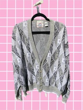 Vintage 80s Sears White and Grey Knit Cardigan Sweater - Men’s Size XL